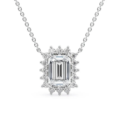 Emerald Cut Moissanite Halo Pendant For Women