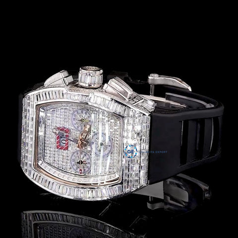 Baguette Cut Moissanite Rubber Strap Wrist Watch