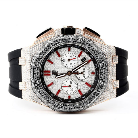 Black& White Moissanite Rubber Strap Wrist Watch For Men's