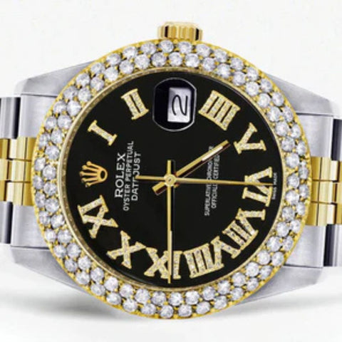 Dual Tone Jubilee Band Black Roman Numeral Dial Moissnaite Watch