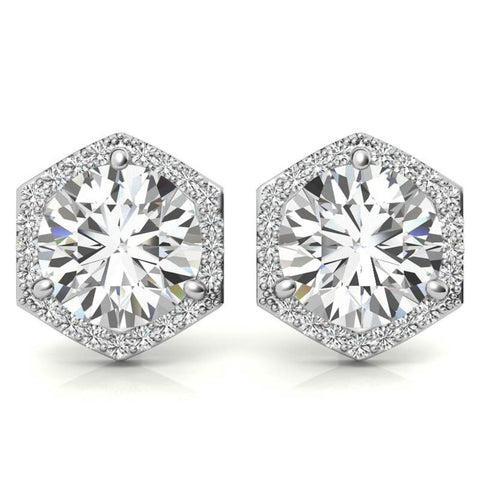 Hexagon Halo Moissanite Round Cut Stud Earrings