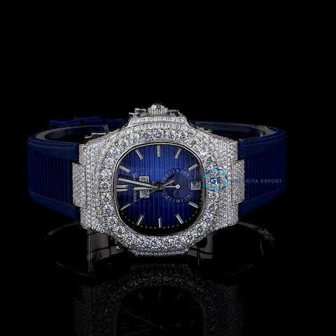 Blue Rubber Strap Moissanite Diamond Luxury Watch