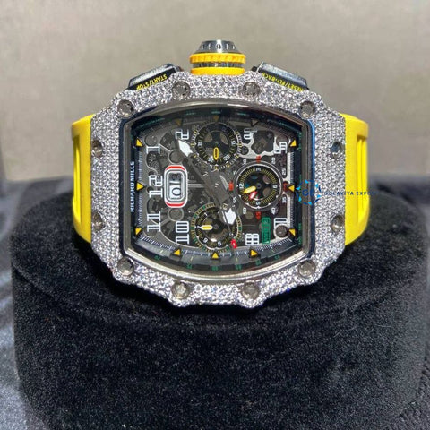 Yellow Rubber Strap Chrono Dial Moissanite Unique Style Watch