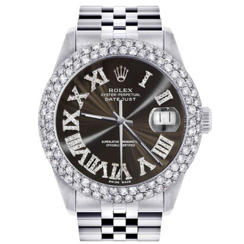 Custom Dark Brown Roman Numeral Dial Moissanite Wrist Watch