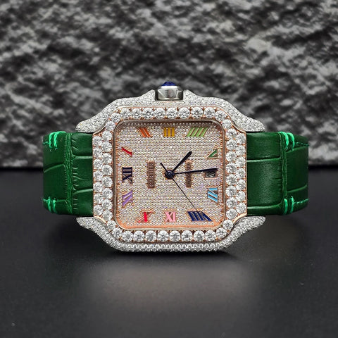 Green Leather Belt Moissanite Diamond Luxury Watch