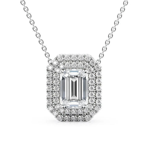 925 Silver Emerald Cut VVS1 Moissanite Double Halo Pendant