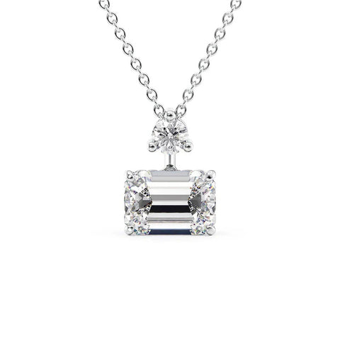 Two Stone & Hidden Halo Emerald Cut Moissanite Pendant Gift For Her