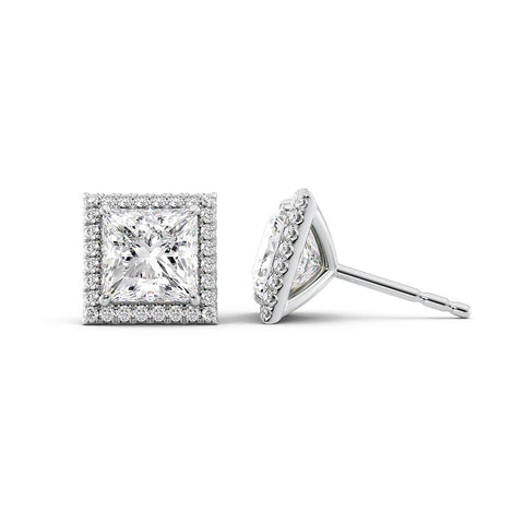 D Color Moissanite Diamond Princess Cut Halo Stud Earring