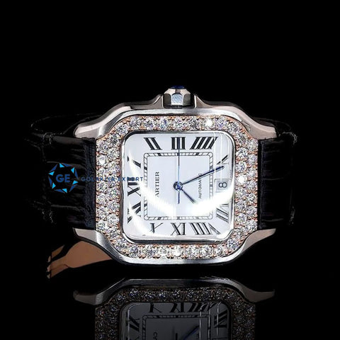 VVS1 Moissanite Black Leather Belt Classic Wrist Watch