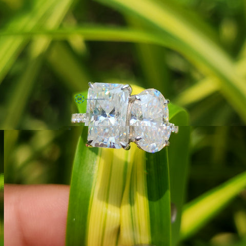 Two Stone Oval & Radiant Cut Hidden Halo Engagement Ring