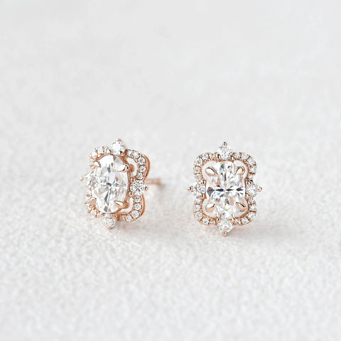 Oval Cut Moissanite Diamond Halo Stud Back Earrings