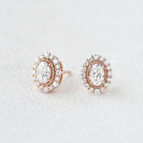 Oval & Round Cut Vintage Halo Moissanite Stud Push Back Earring