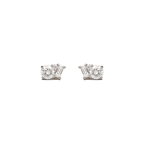 Fancy Style Moissanite Round & Baguette Cut Stud Earring