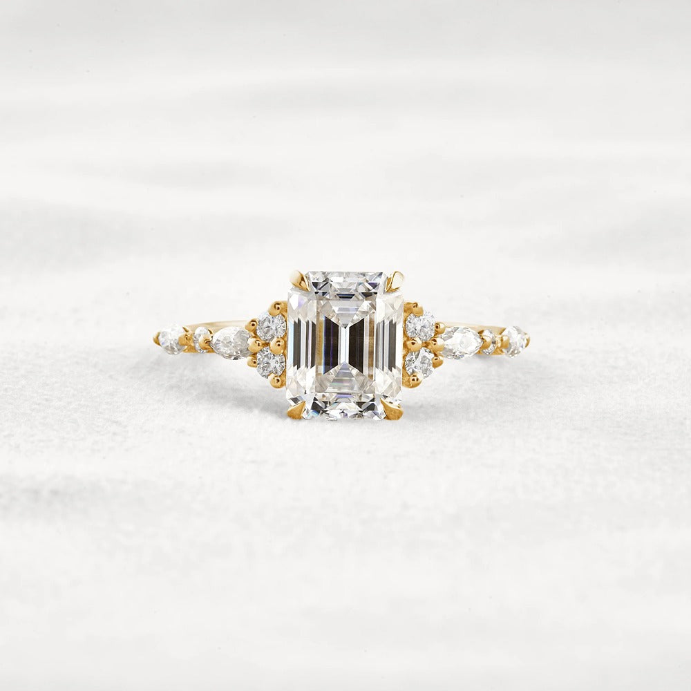 D Color Moissanite Emerald Cut Cluster Fancy Engagement Ring