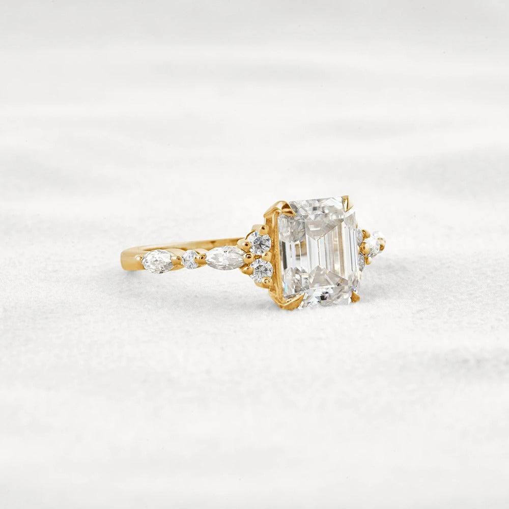 D Color Moissanite Emerald Cut Cluster Fancy Engagement Ring