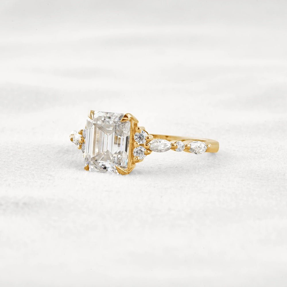 D Color Moissanite Emerald Cut Cluster Fancy Engagement Ring