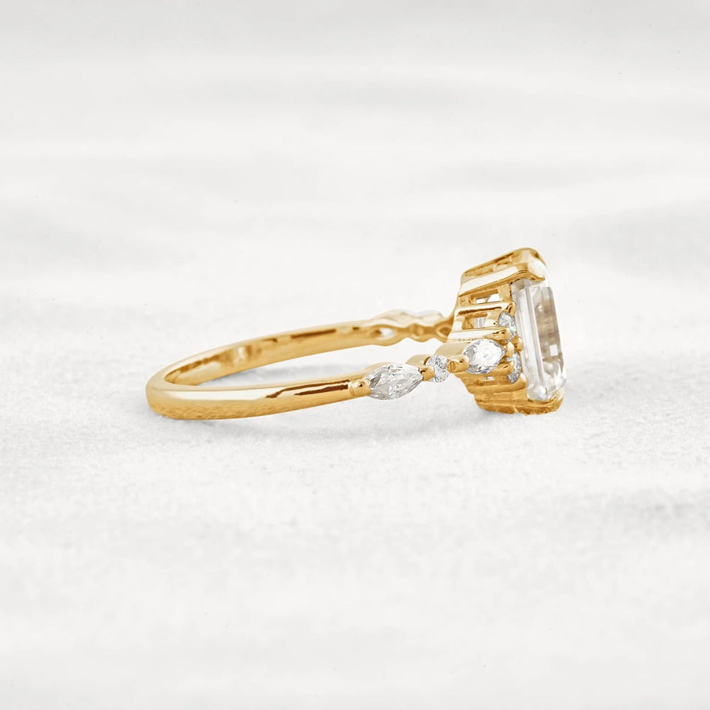 D Color Moissanite Emerald Cut Cluster Fancy Engagement Ring