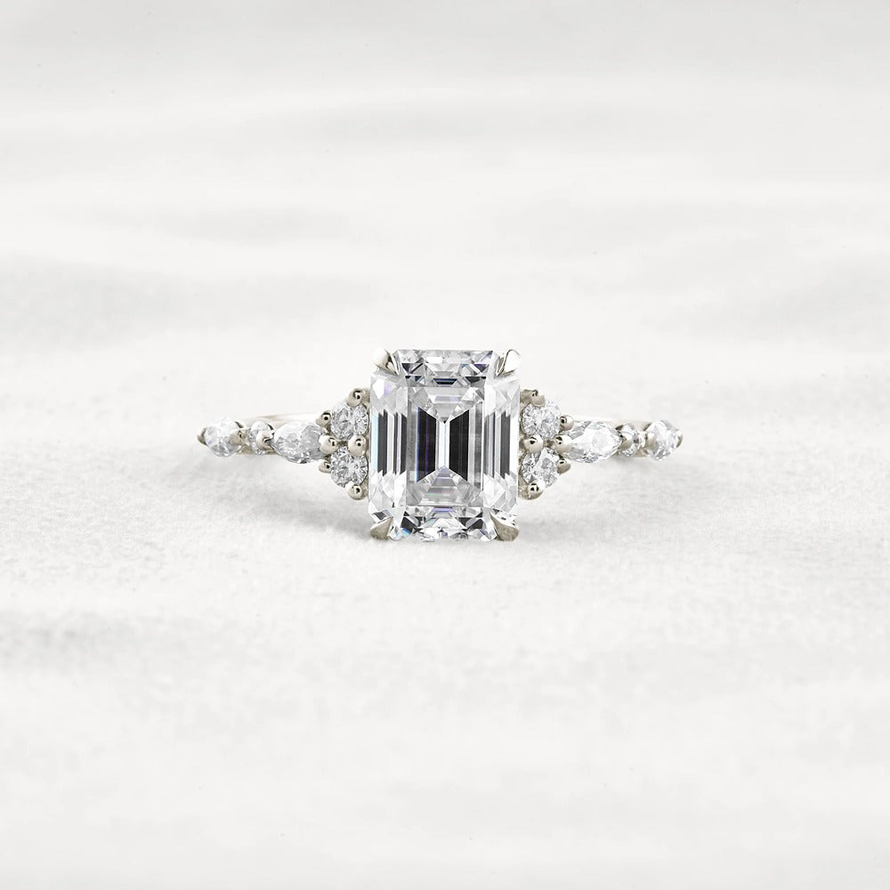 D Color Moissanite Emerald Cut Cluster Fancy Engagement Ring