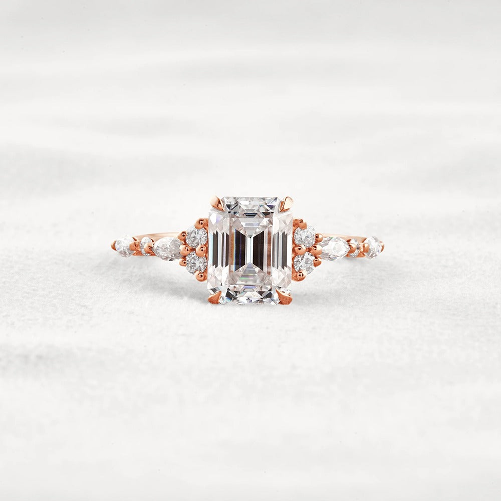 D Color Moissanite Emerald Cut Cluster Fancy Engagement Ring