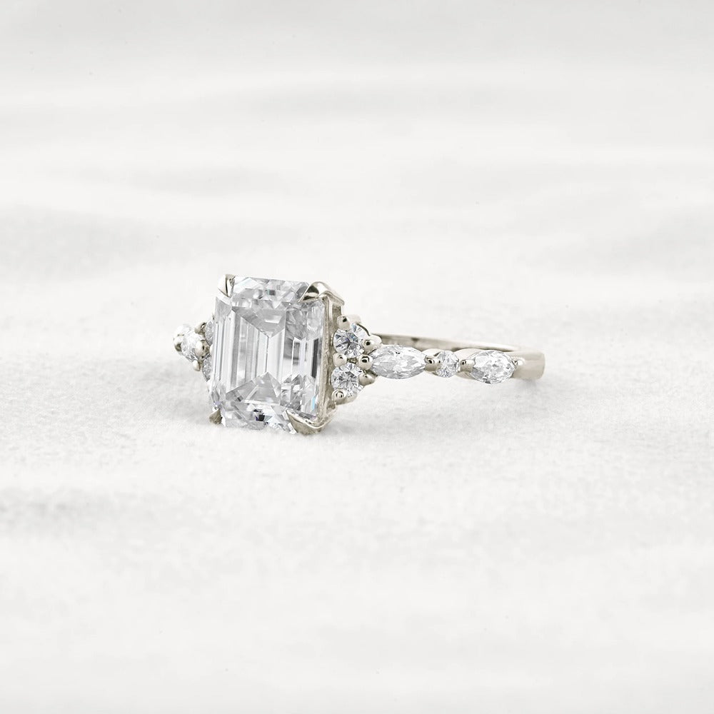 D Color Moissanite Emerald Cut Cluster Fancy Engagement Ring