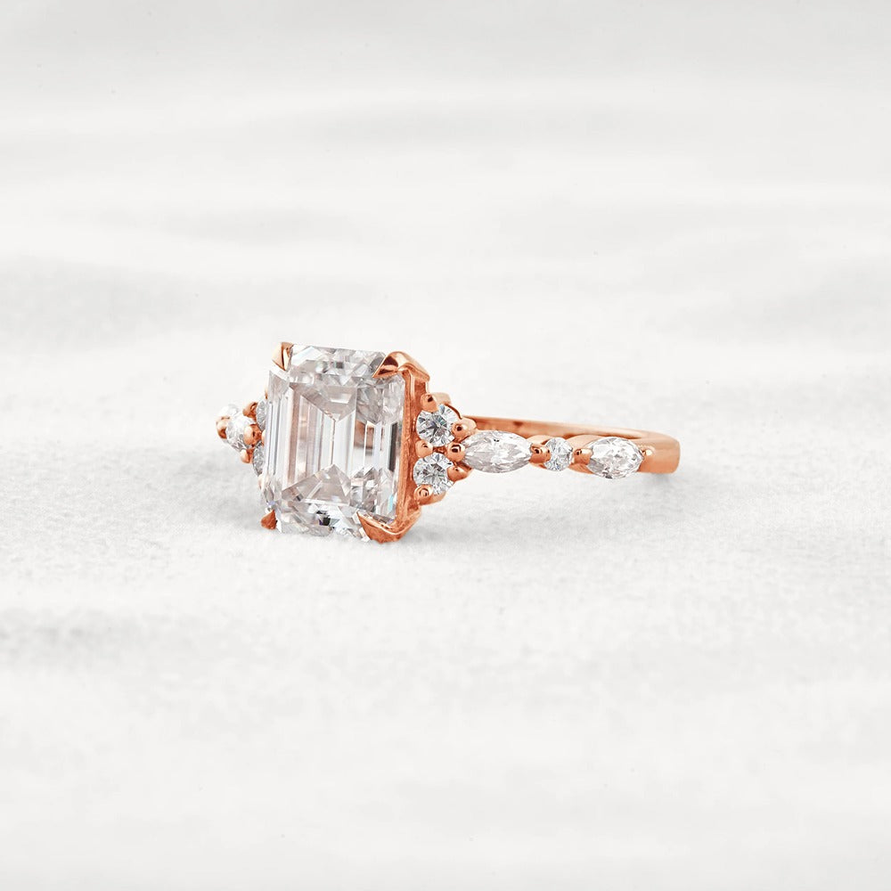 D Color Moissanite Emerald Cut Cluster Fancy Engagement Ring