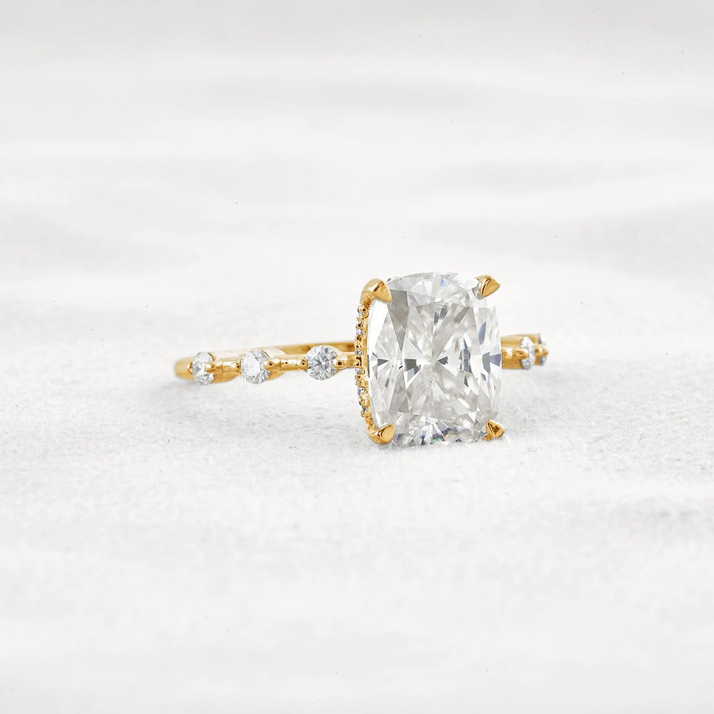 Hidden Halo Cushion Cut Moissanite Diamond Wedding Ring
