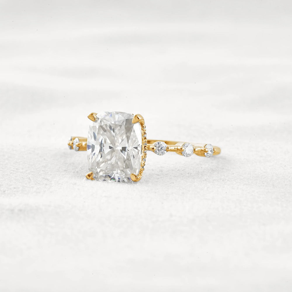 Hidden Halo Cushion Cut Moissanite Diamond Wedding Ring