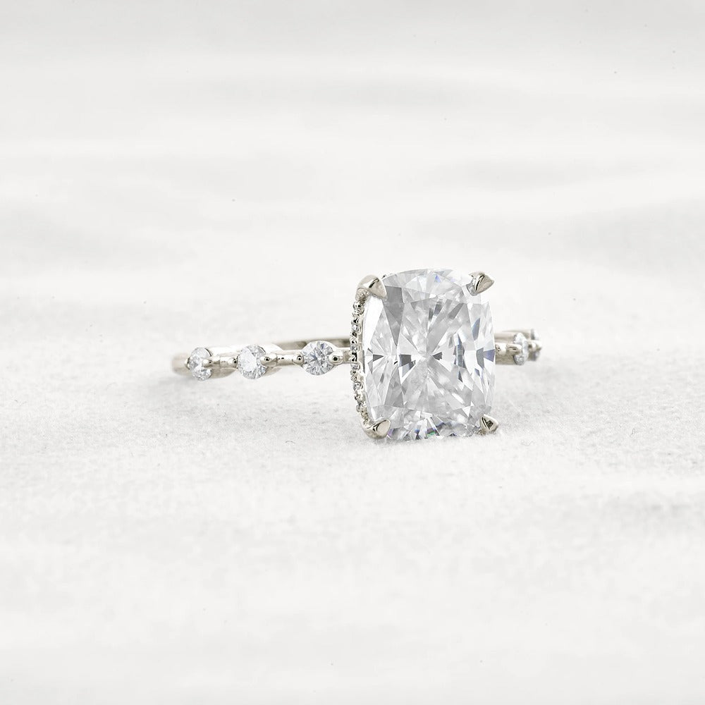 Hidden Halo Cushion Cut Moissanite Diamond Wedding Ring