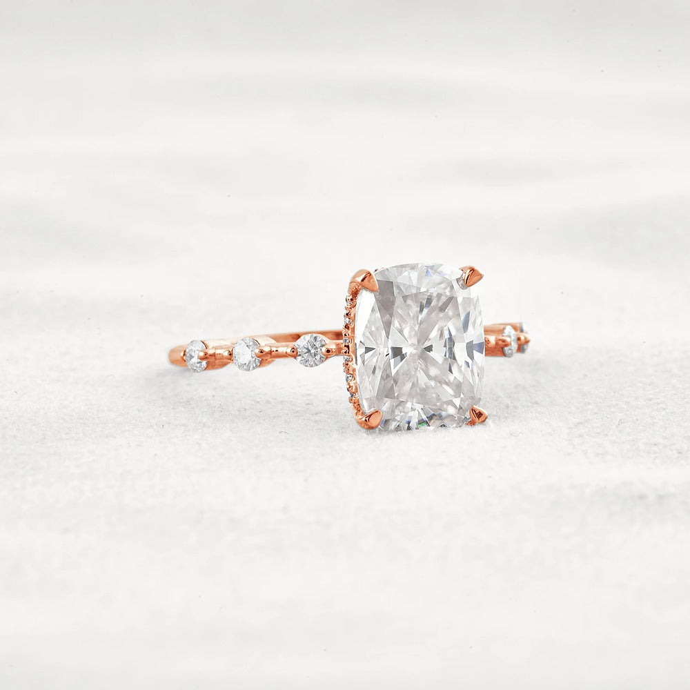Hidden Halo Cushion Cut Moissanite Diamond Wedding Ring
