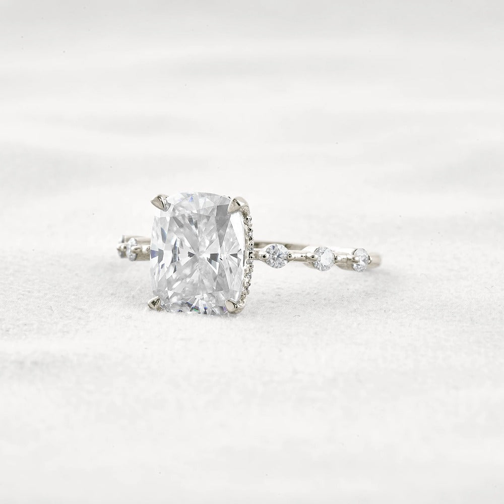 Hidden Halo Cushion Cut Moissanite Diamond Wedding Ring