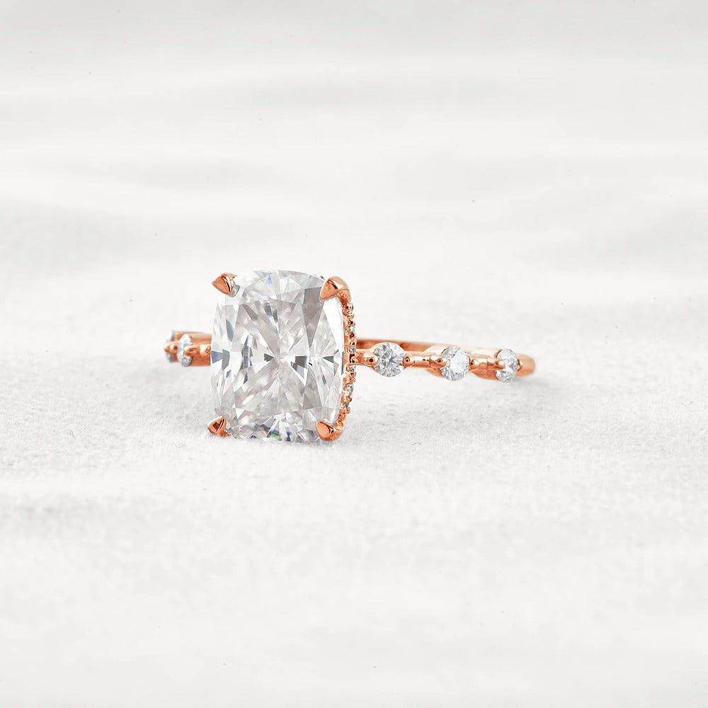 Hidden Halo Cushion Cut Moissanite Diamond Wedding Ring
