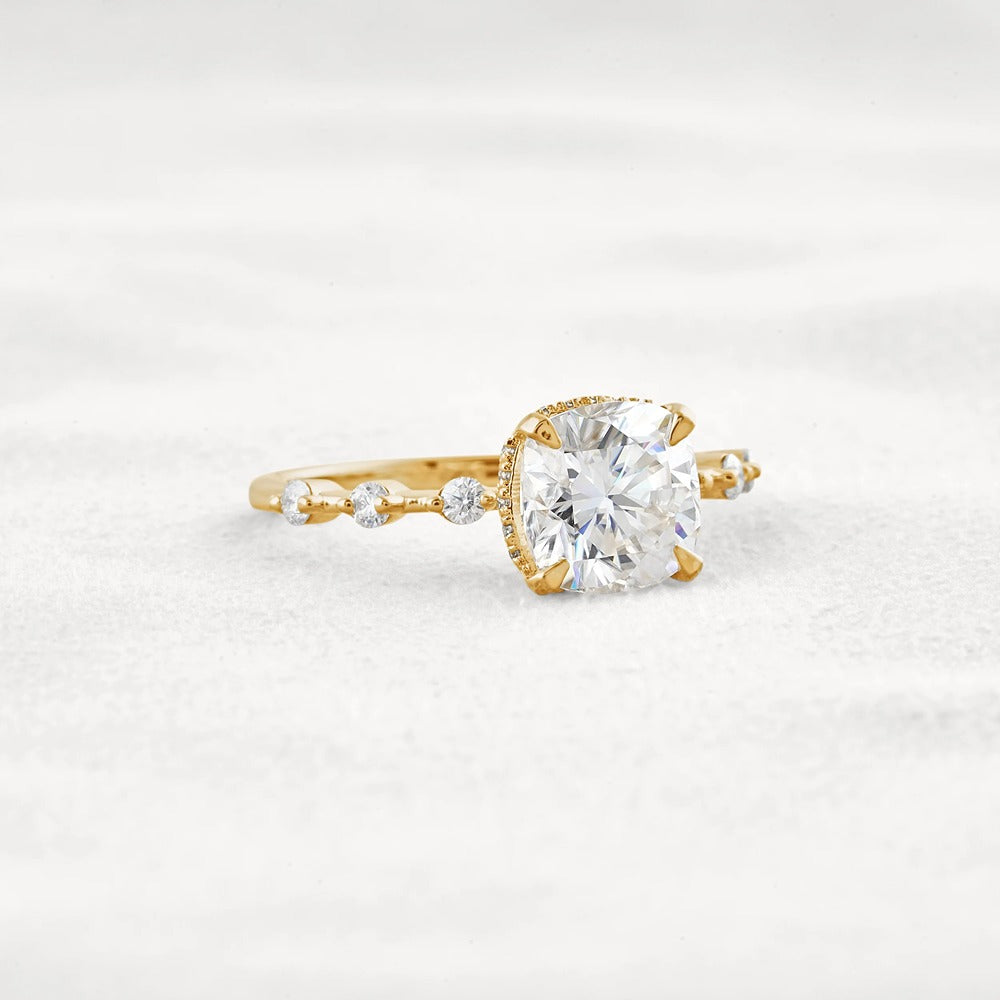 Cushion Cut Hidden Halo Moissanite Engagement Ring