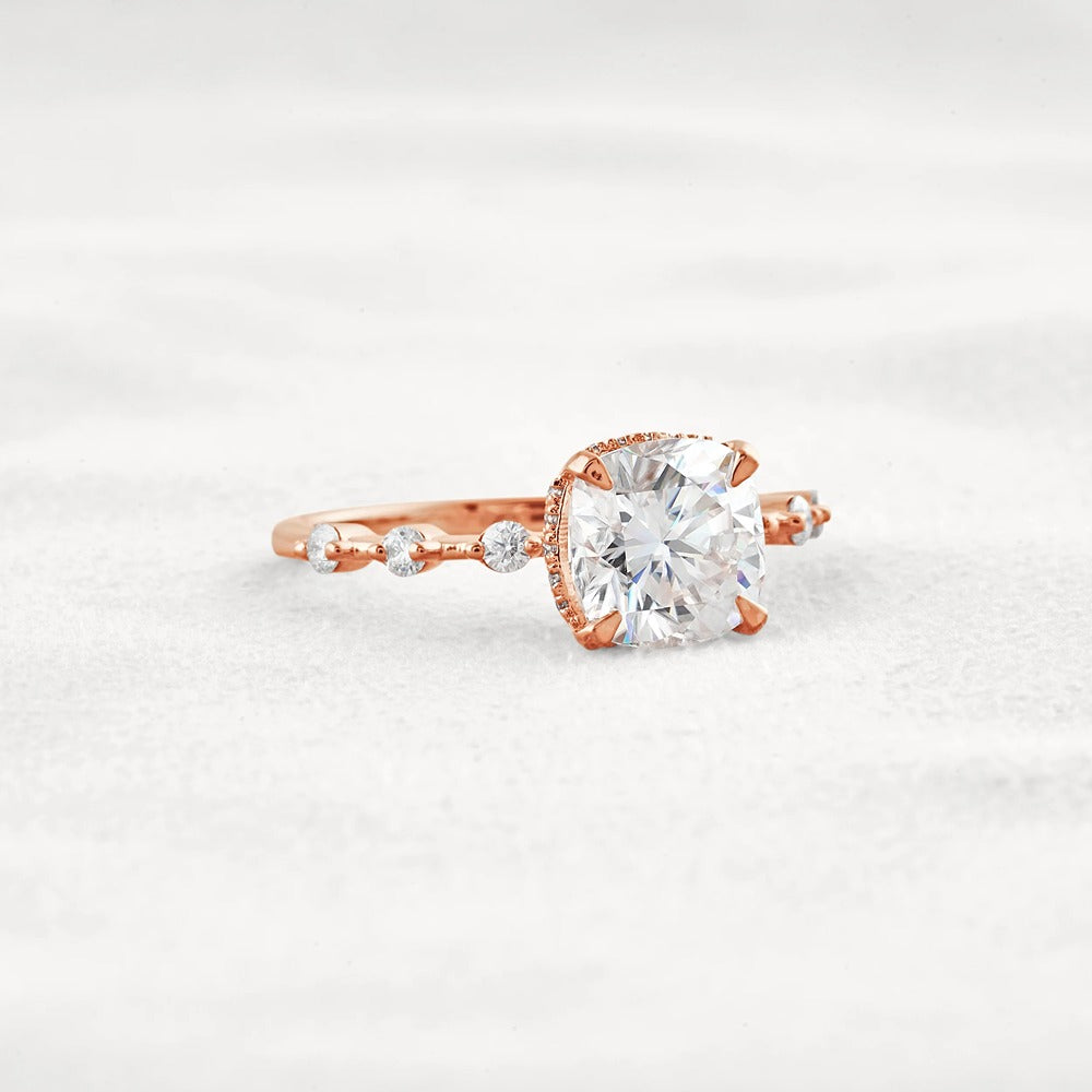 Cushion Cut Hidden Halo Moissanite Engagement Ring