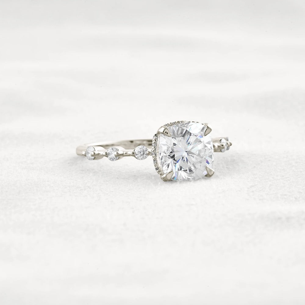 Cushion Cut Hidden Halo Moissanite Engagement Ring