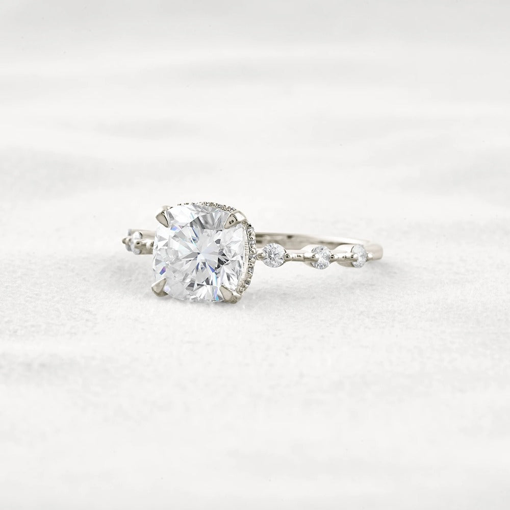 Cushion Cut Hidden Halo Moissanite Engagement Ring