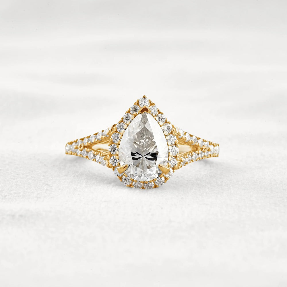 Moissanite Pear Cut Split Shank Halo Engagement Ring