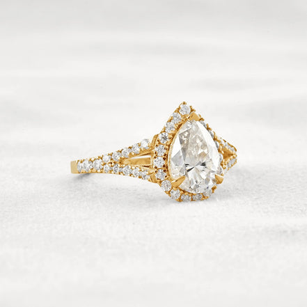 Moissanite Pear Cut Split Shank Halo Engagement Ring