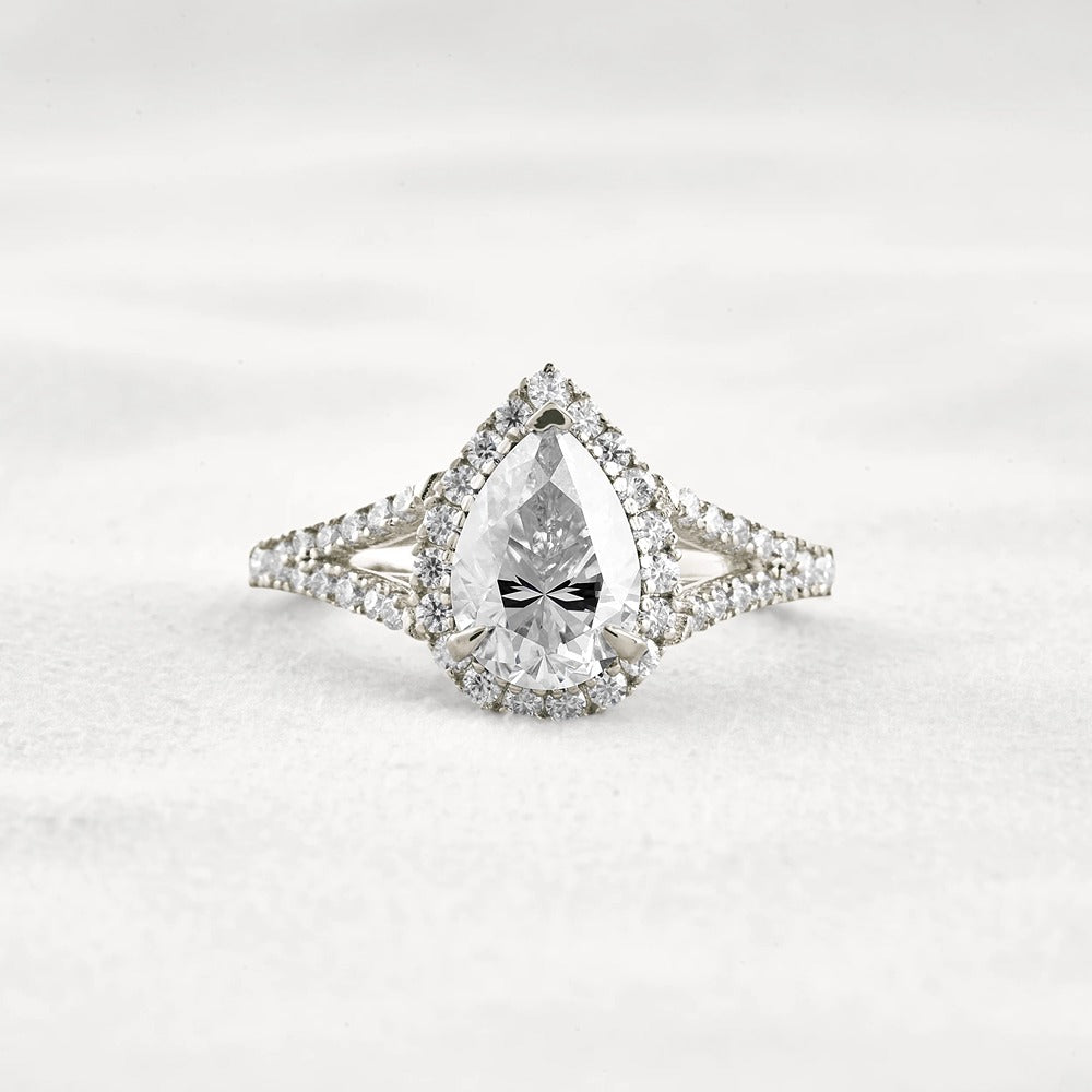 Moissanite Pear Cut Split Shank Halo Engagement Ring