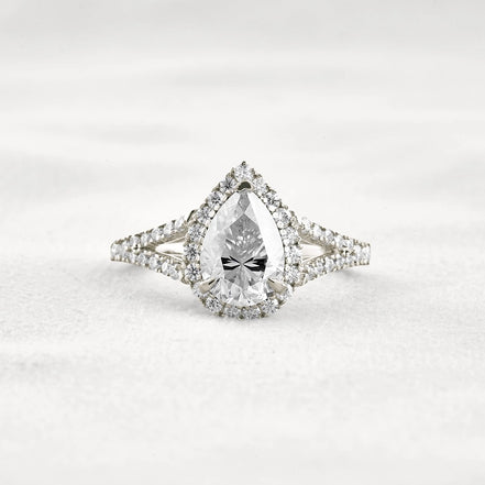 Moissanite Pear Cut Split Shank Halo Engagement Ring