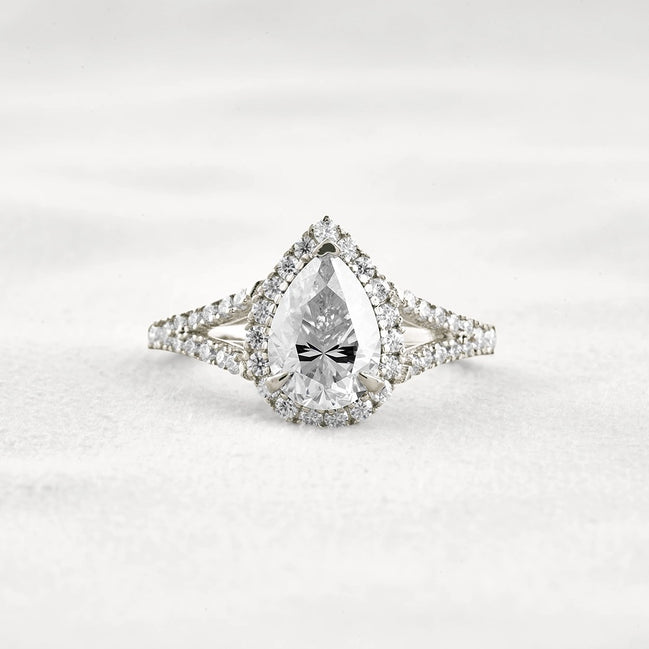 Moissanite Pear Cut Split Shank Halo Engagement Ring