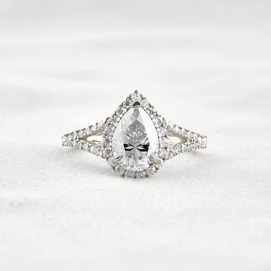 Moissanite Pear Cut Split Shank Halo Engagement Ring