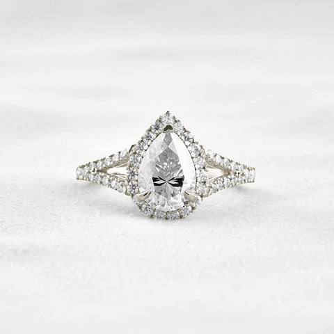 Moissanite Pear Cut Split Shank Halo Engagement Ring