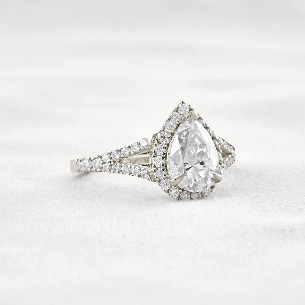 Moissanite Pear Cut Split Shank Halo Engagement Ring