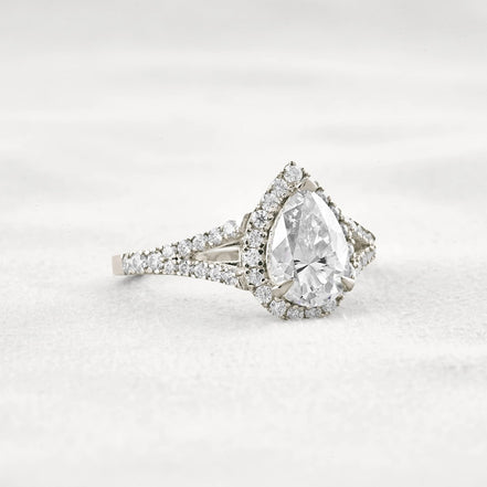Moissanite Pear Cut Split Shank Halo Engagement Ring