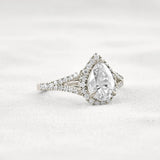 Moissanite Pear Cut Split Shank Halo Engagement Ring