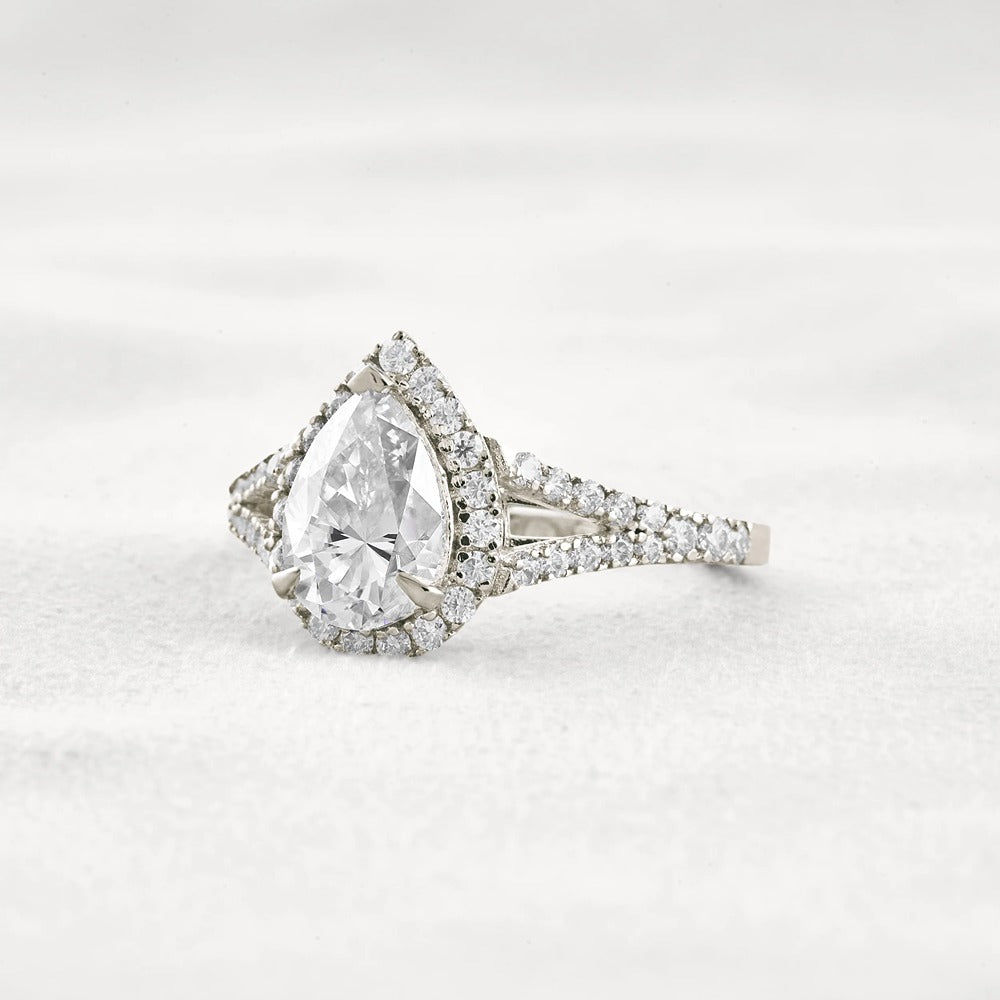 Moissanite Pear Cut Split Shank Halo Engagement Ring