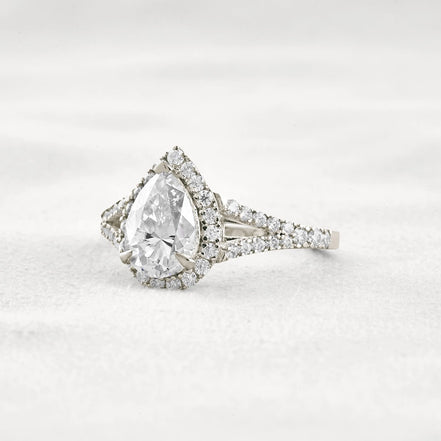 Moissanite Pear Cut Split Shank Halo Engagement Ring