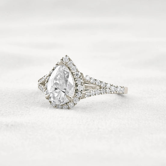 Moissanite Pear Cut Split Shank Halo Engagement Ring