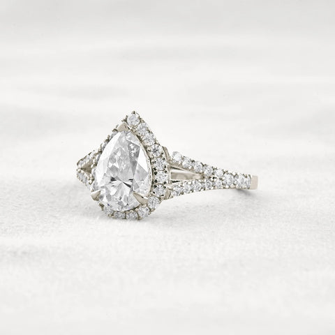 Moissanite Pear Cut Split Shank Halo Engagement Ring