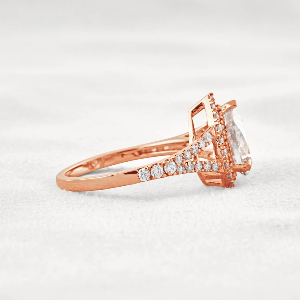 Moissanite Pear Cut Split Shank Halo Engagement Ring